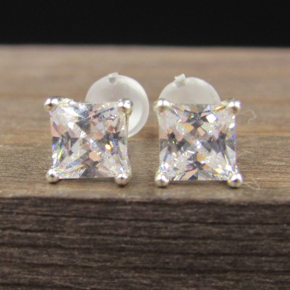 Sterling Tiny Square Bright Cz Stud Earrings - image 1